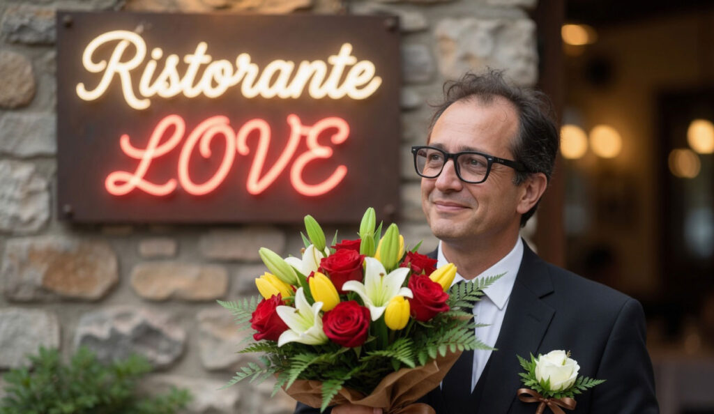 Uomo over 50 con mazzo di fiori aspetta il primo appuntamento davanti a un ristorante