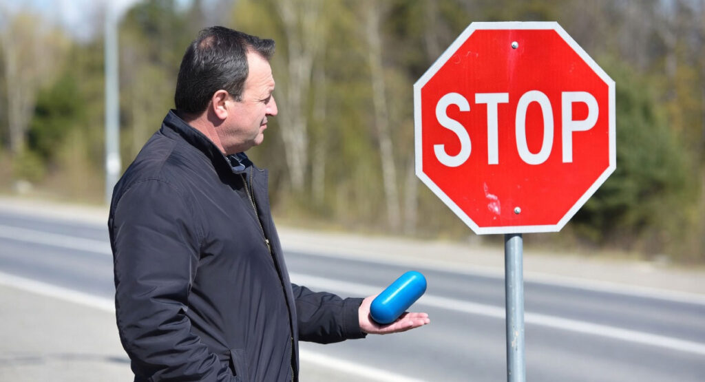 uomo di mezza età con pillola blu nella mano